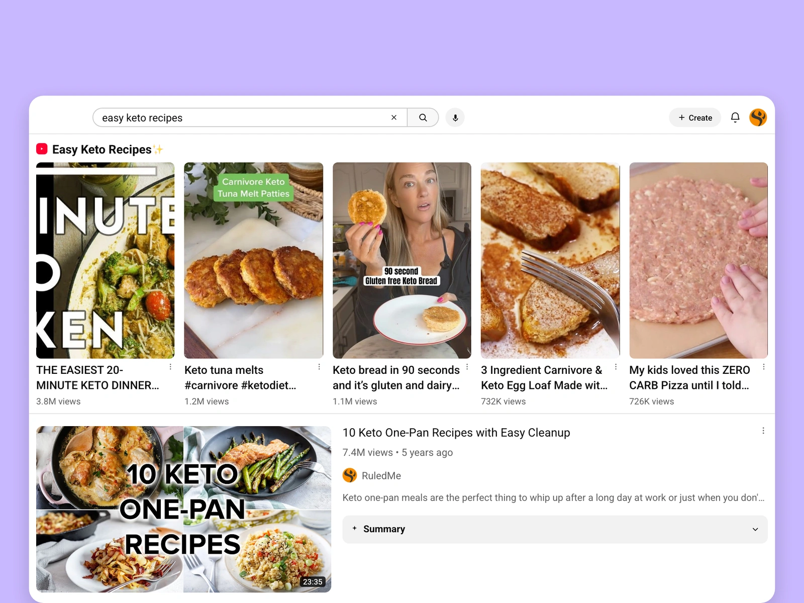 YouTube search results for keto videos