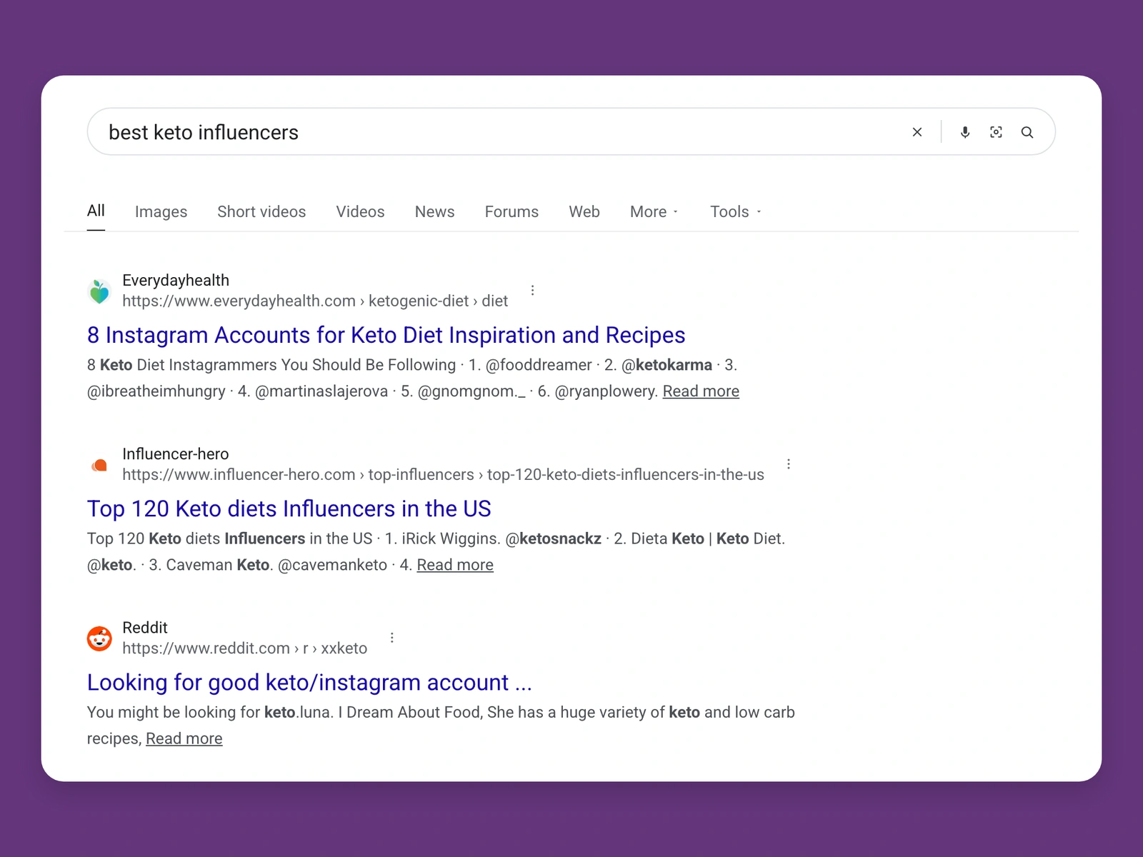 Google results for best keto bloggers