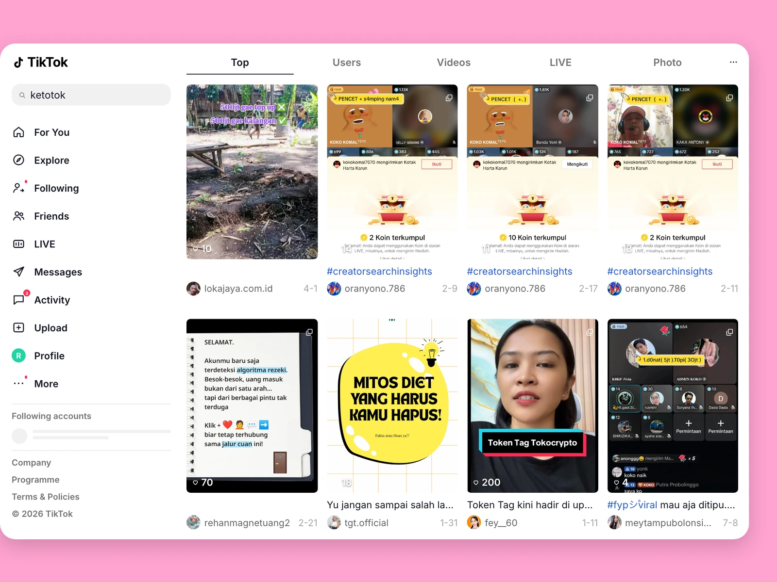 TikTok search results for keto content