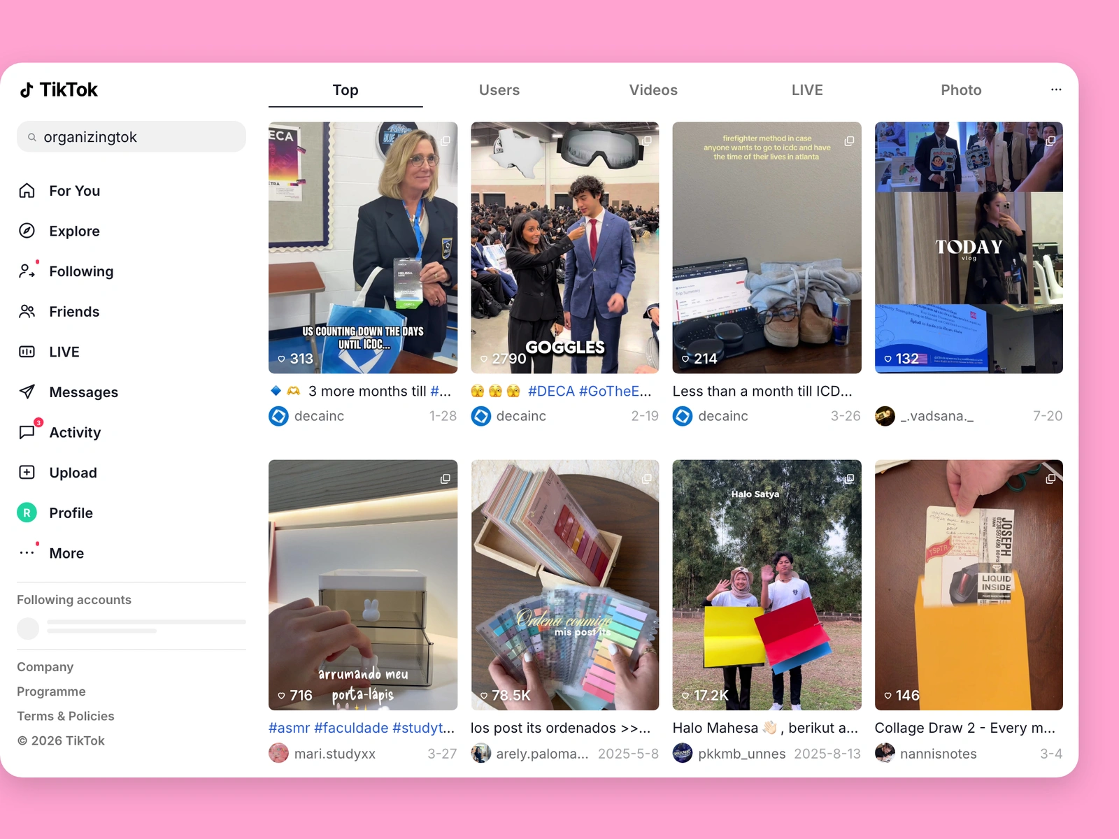TikTok search results for organizing content