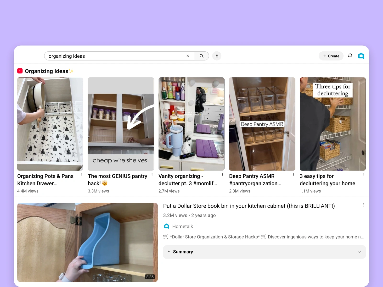 YouTube search results for organizing videos