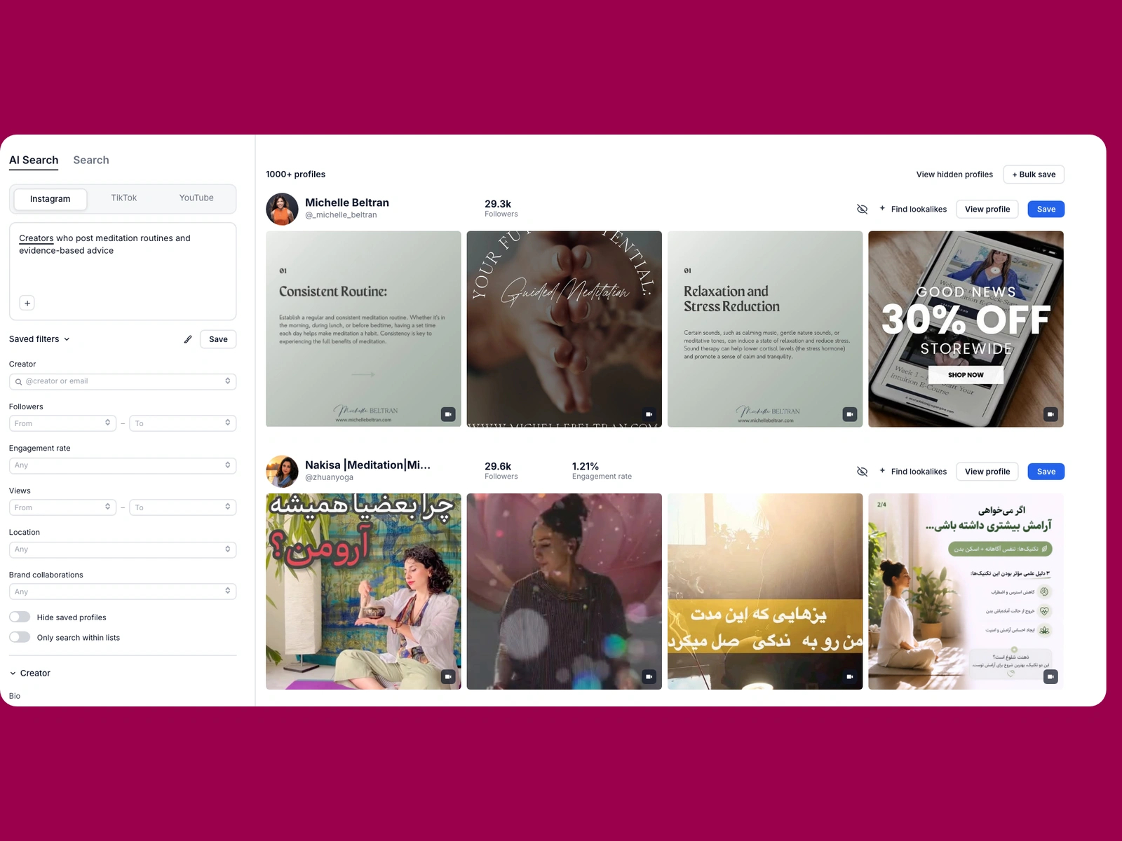 Modash AI search for meditation creators