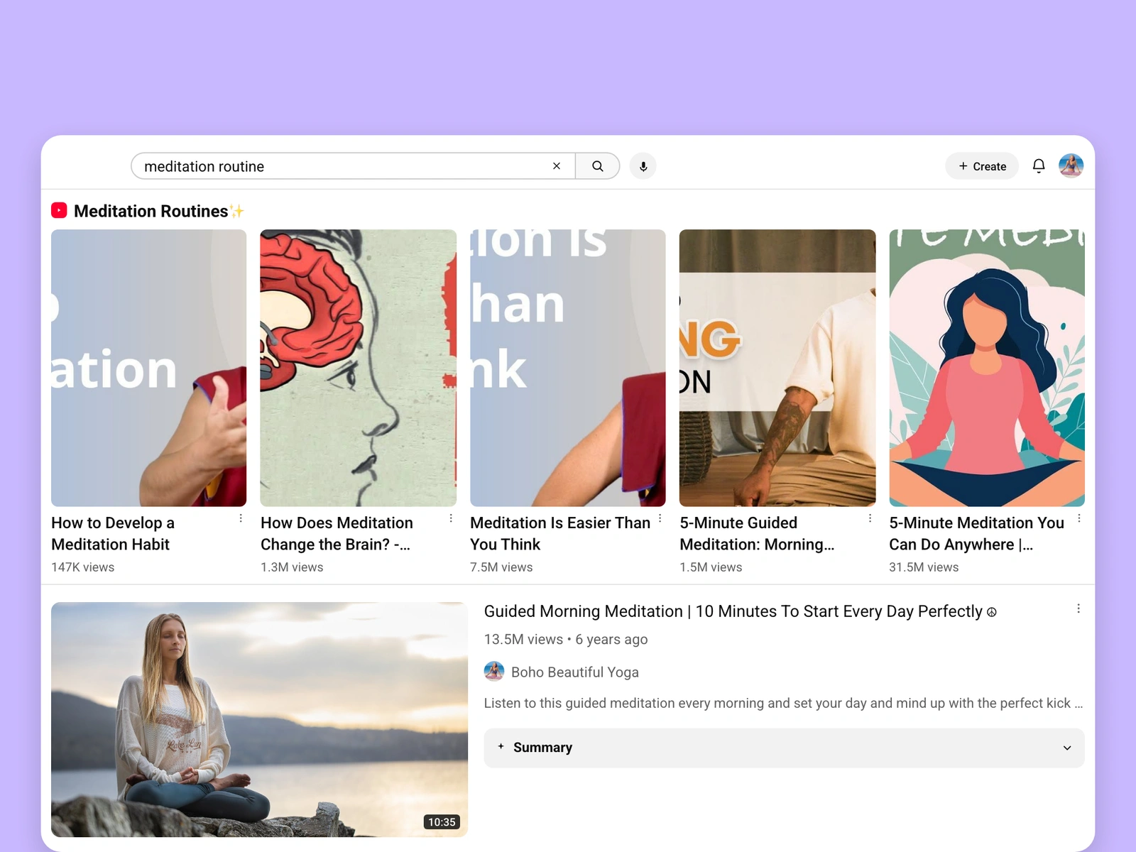 YouTube search results for meditation videos