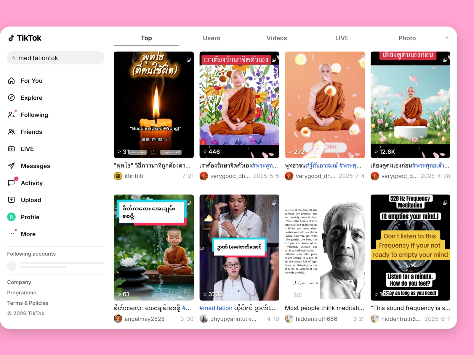 TikTok search results for meditation content