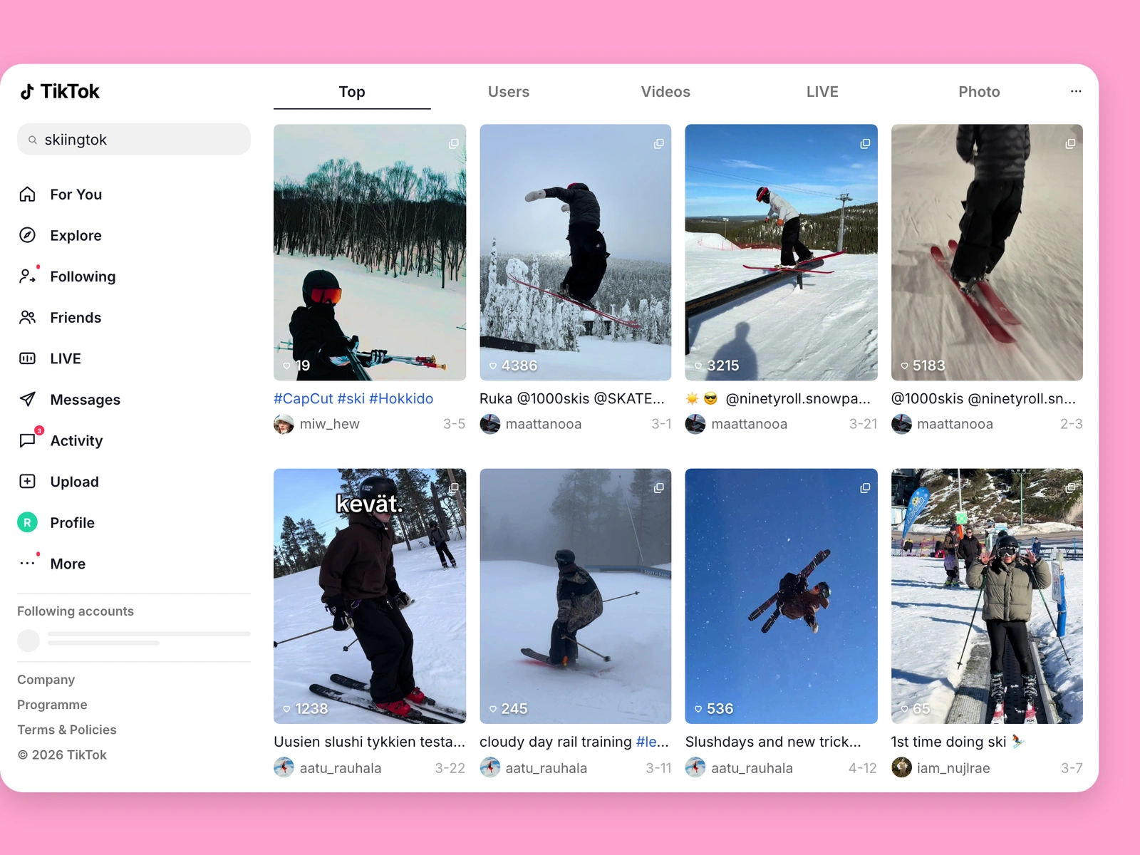 TikTok search results for skiing content