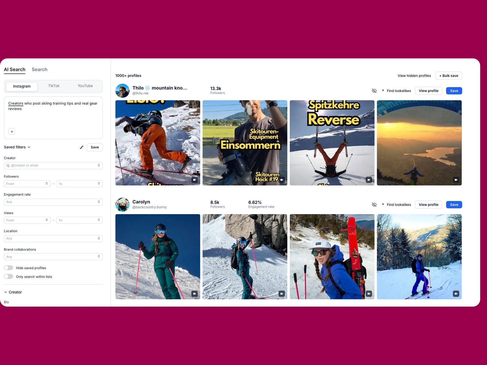 Modash AI search for skiing creators