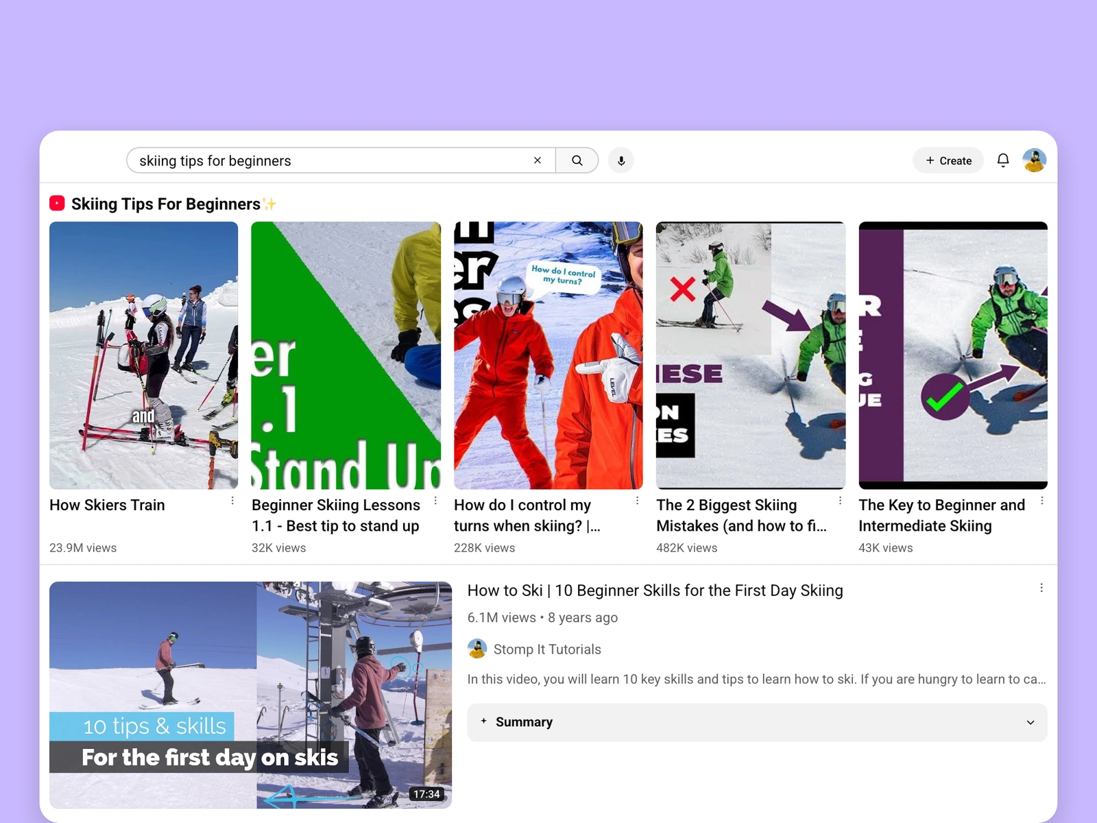 YouTube search results for skiing videos