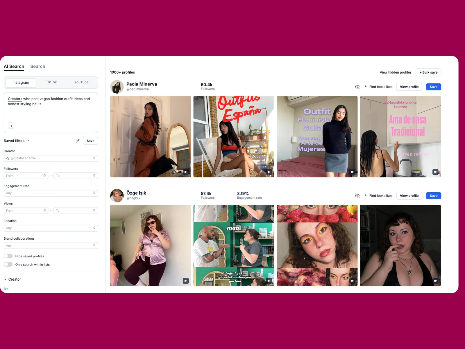 Modash AI search for vegan fashion creators