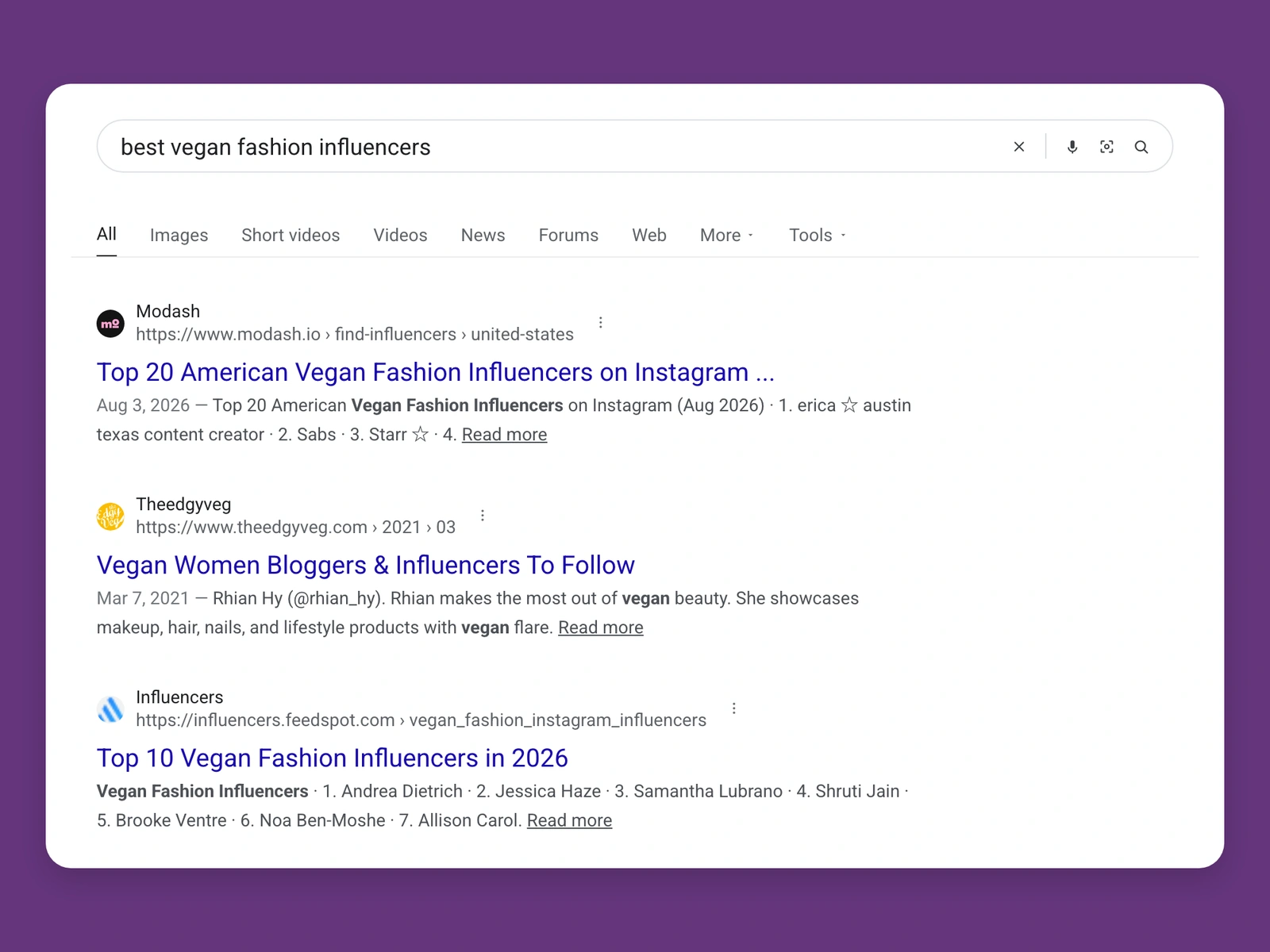 Google results for best vegan fashion bloggers