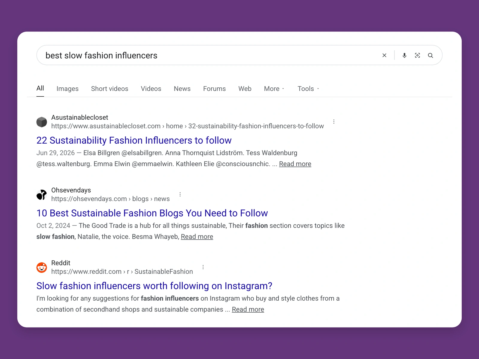 Google results for best slow fashion bloggers