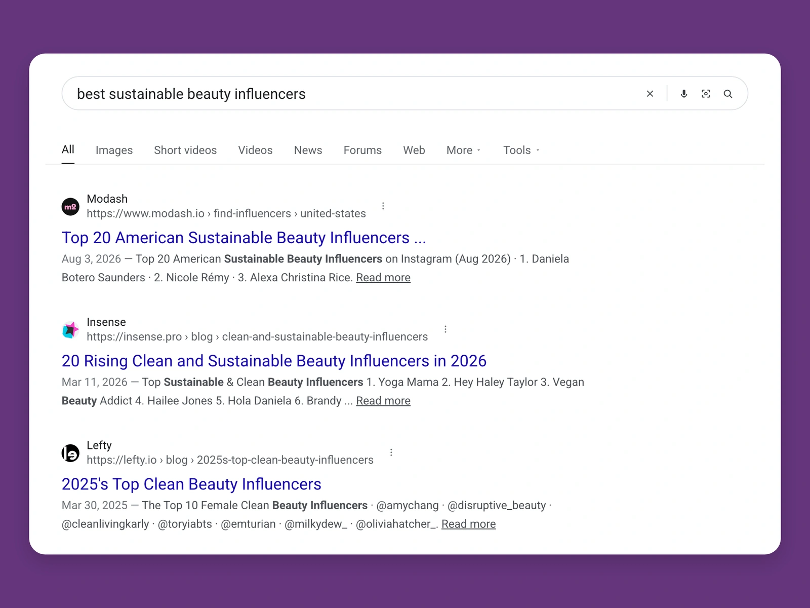 Google results for best sustainable beauty bloggers