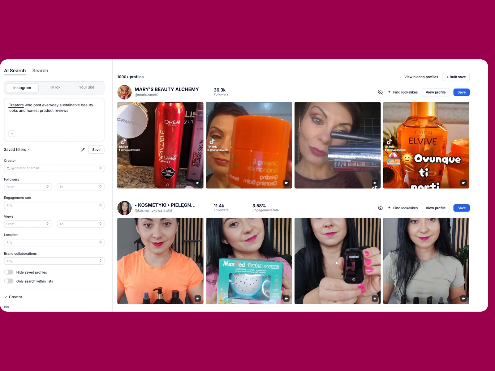 Modash AI search for sustainable beauty creators
