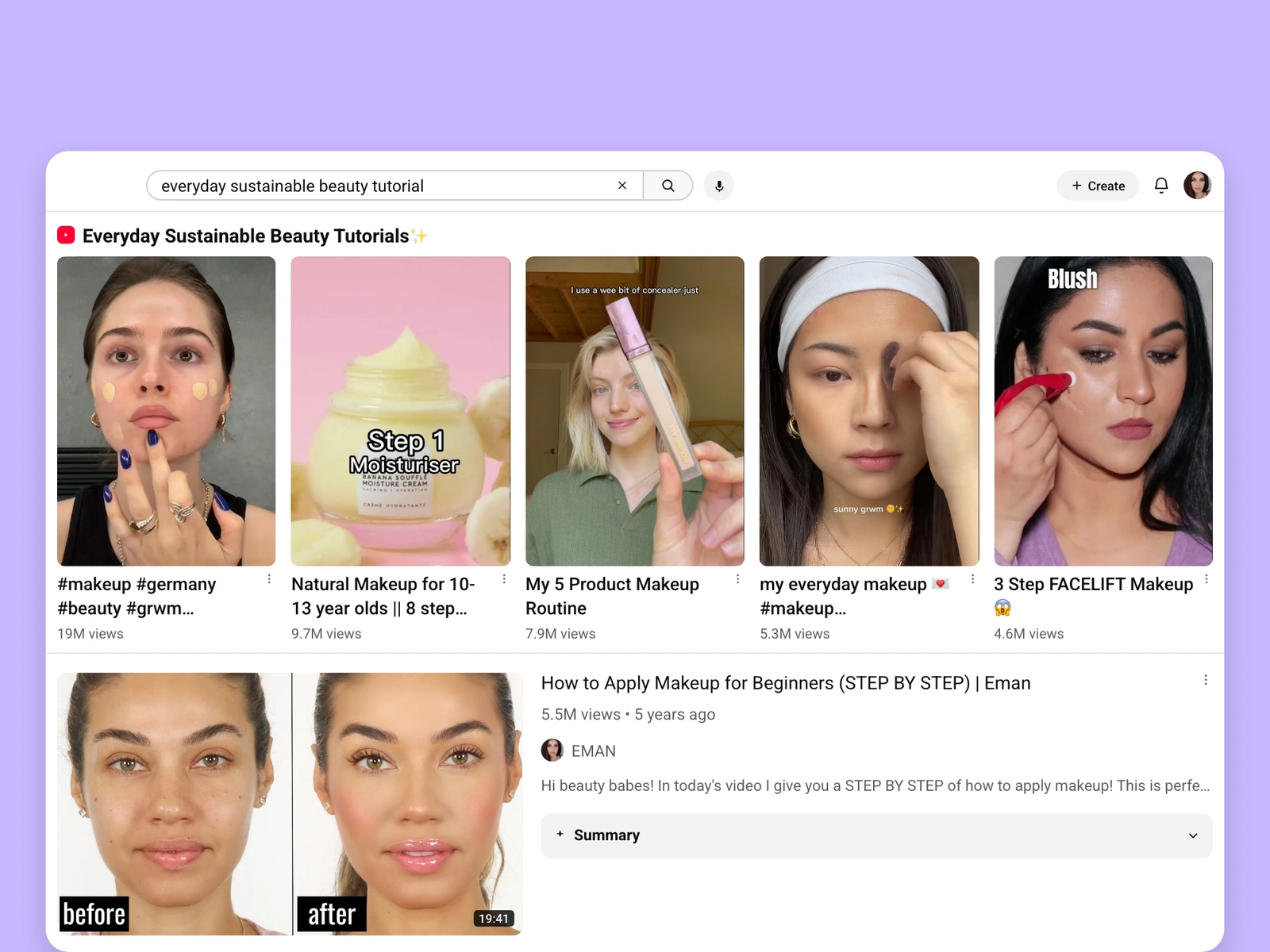 YouTube search results for sustainable beauty videos