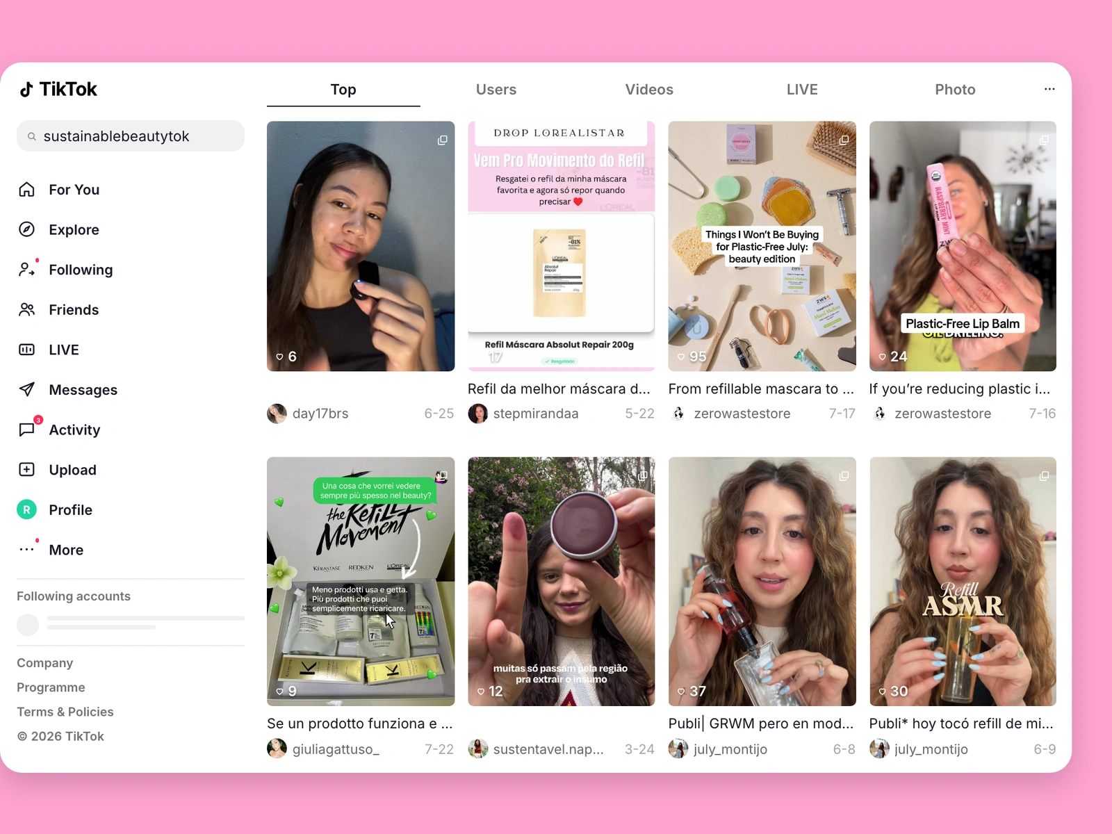 TikTok search results for sustainable beauty content