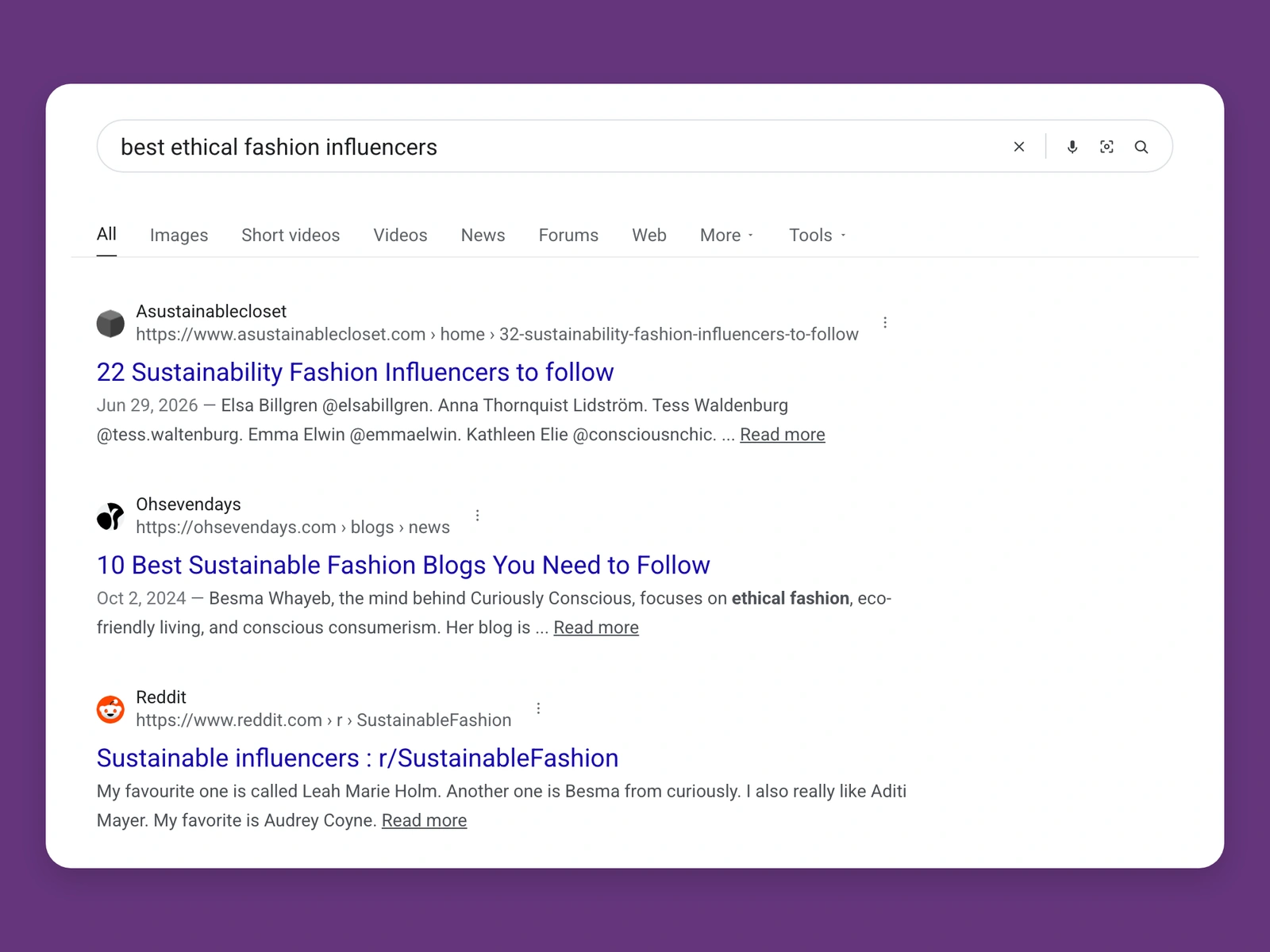 Google results for best ethical fashion bloggers