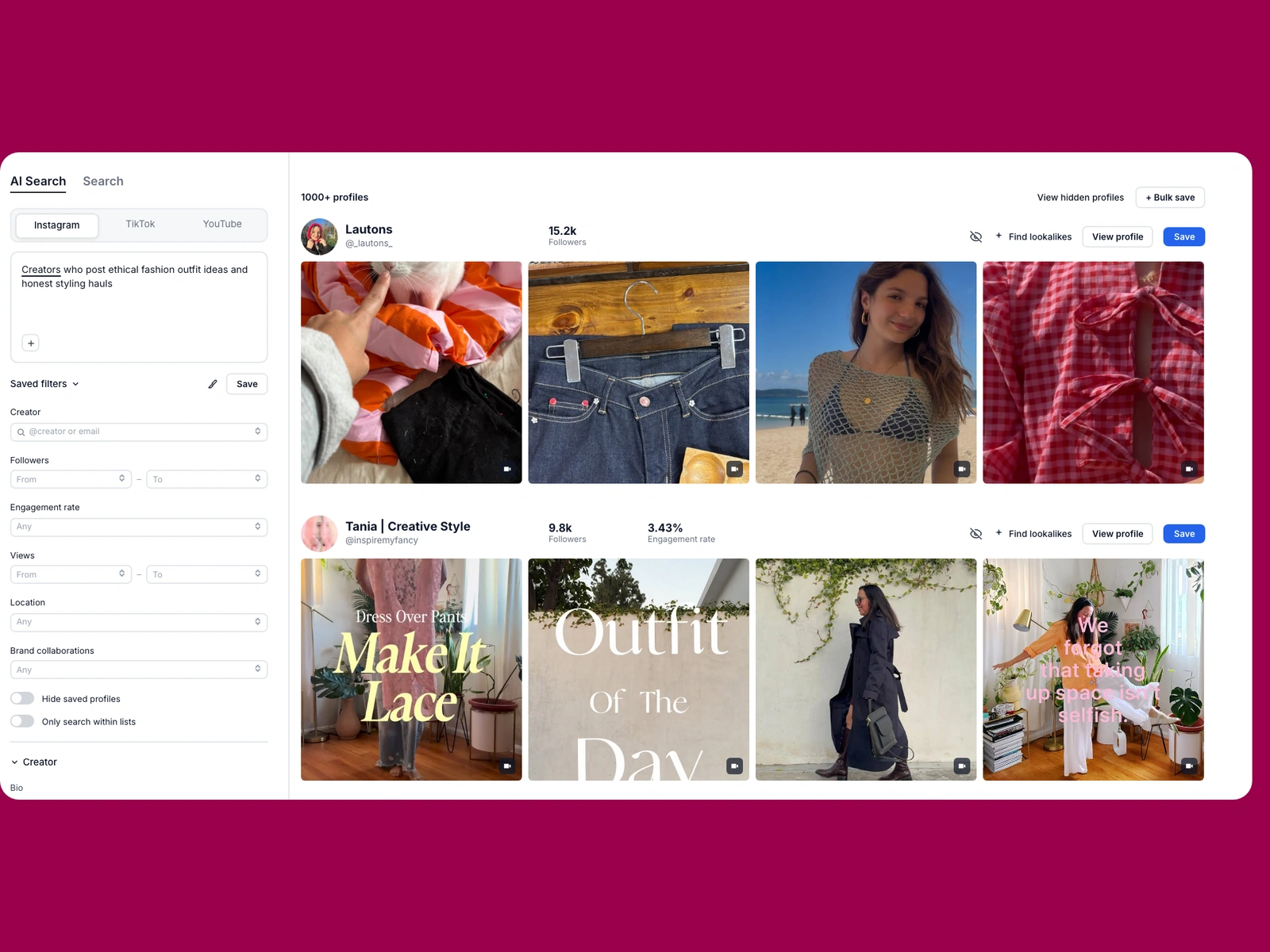 Modash AI search for ethical fashion creators
