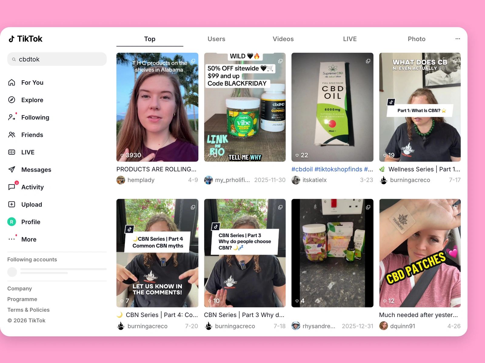 TikTok search results for cbd content