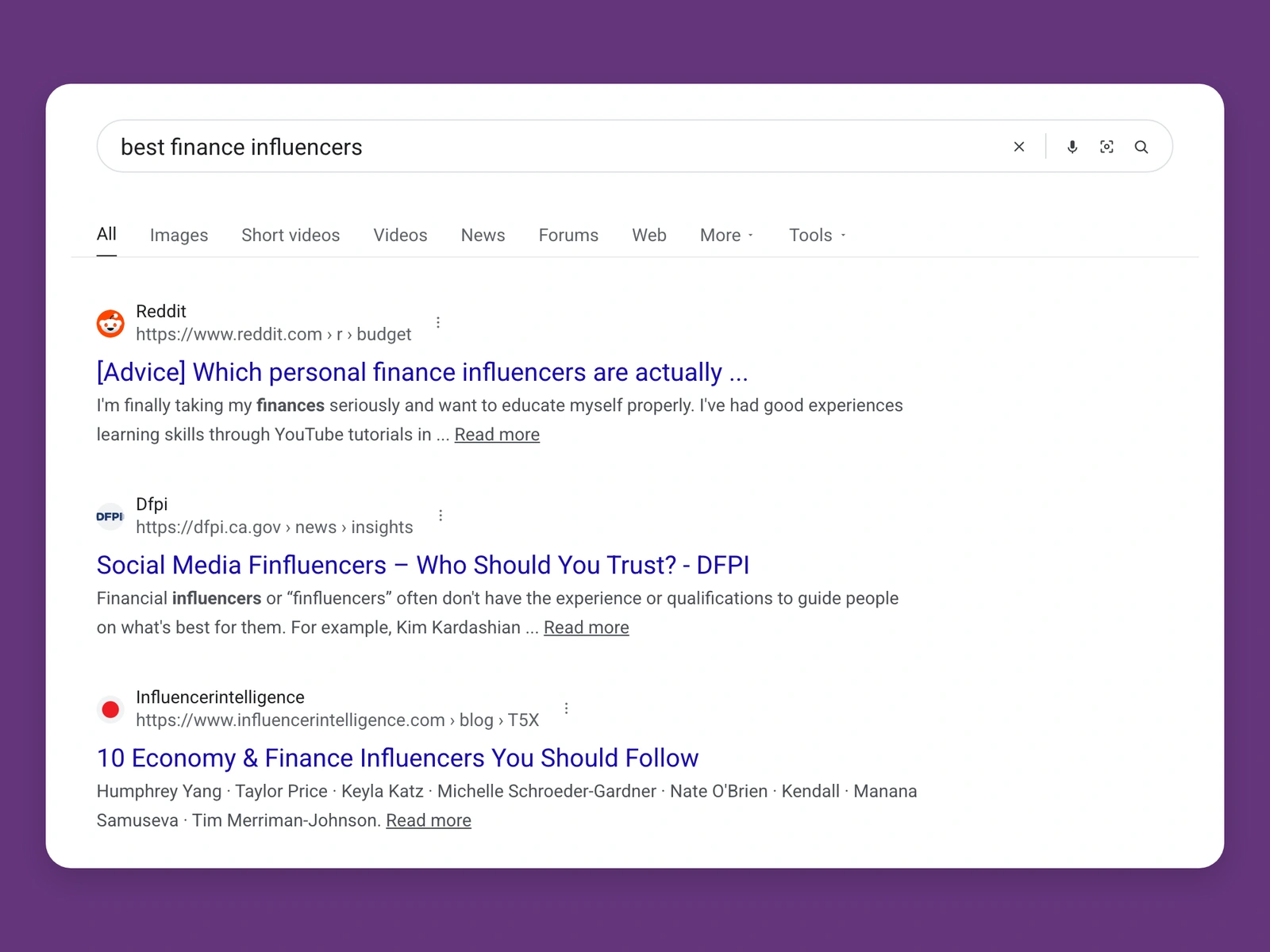 Google results for best finance bloggers