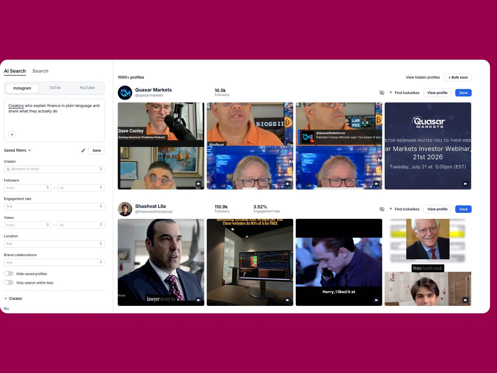 Modash AI search for finance creators