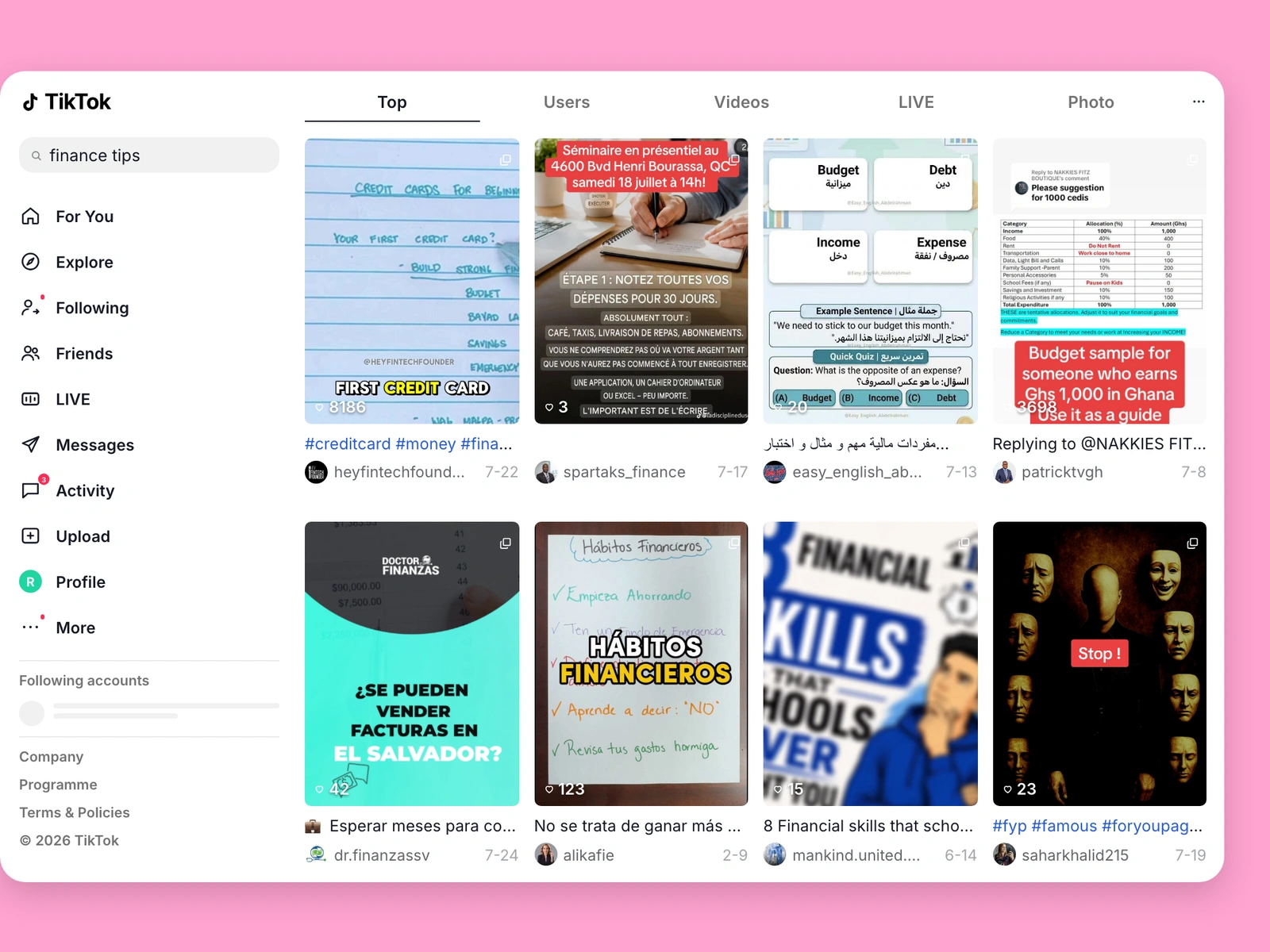 TikTok search results for finance content