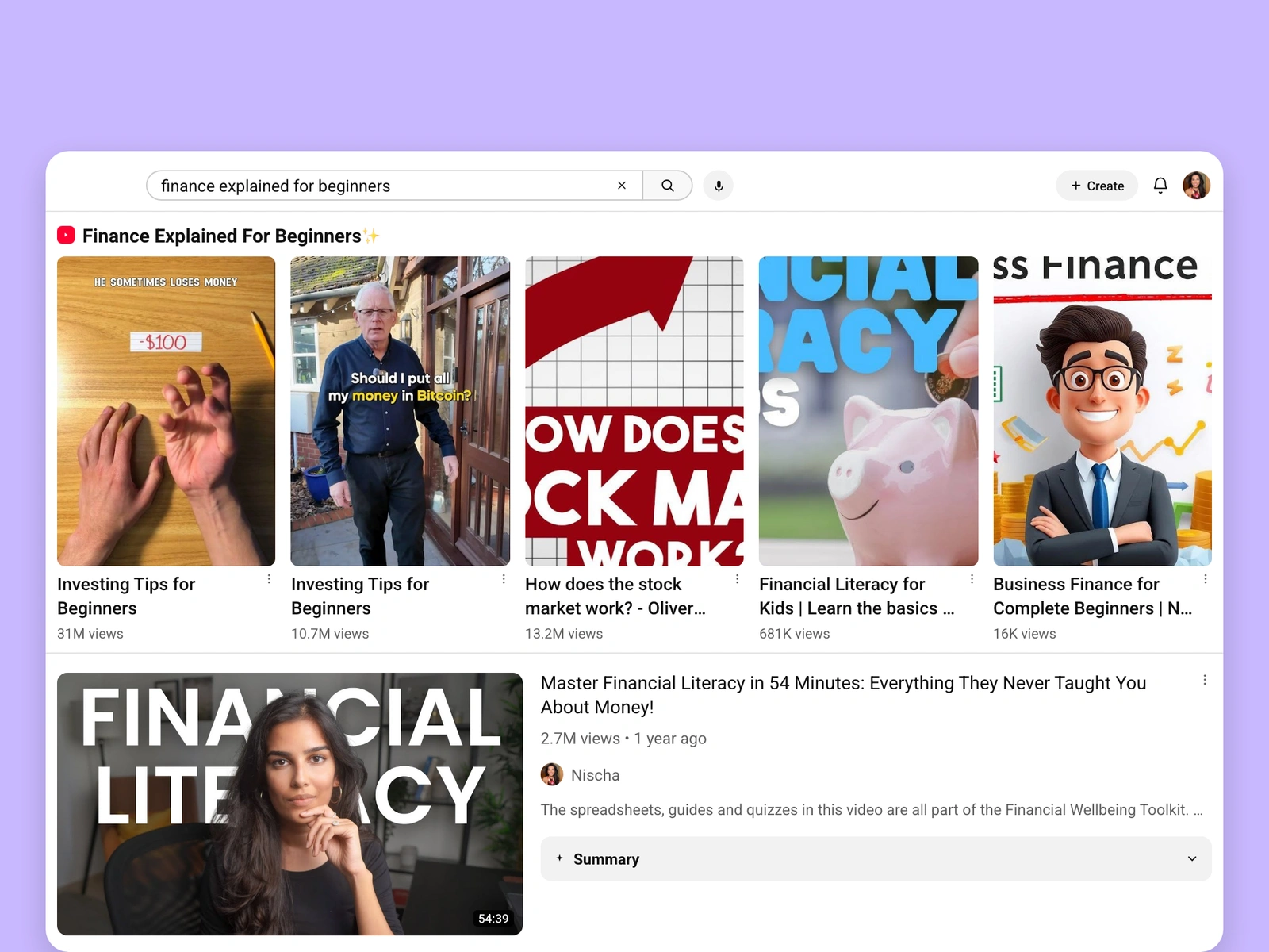 YouTube search results for finance videos
