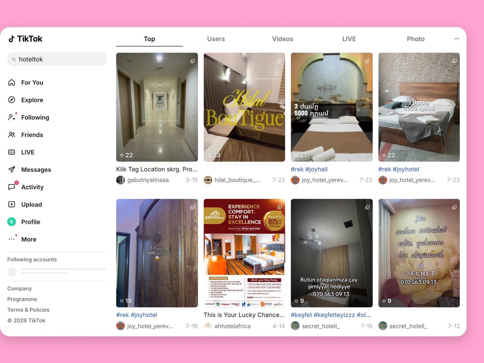TikTok search results for hotel content