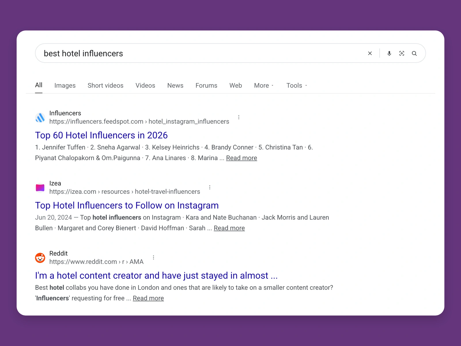 Google results for best hotel bloggers