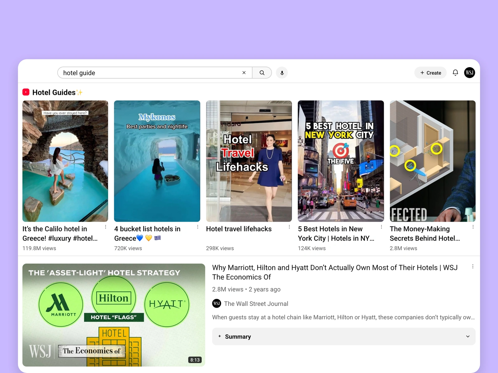 YouTube search results for hotel videos