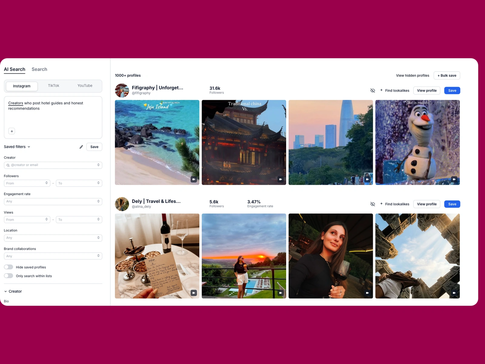 Modash AI search for hotel creators