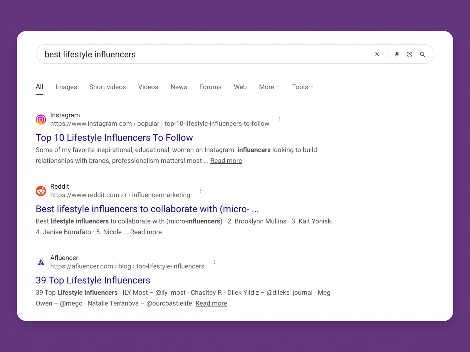 Google results for best lifestyle bloggers