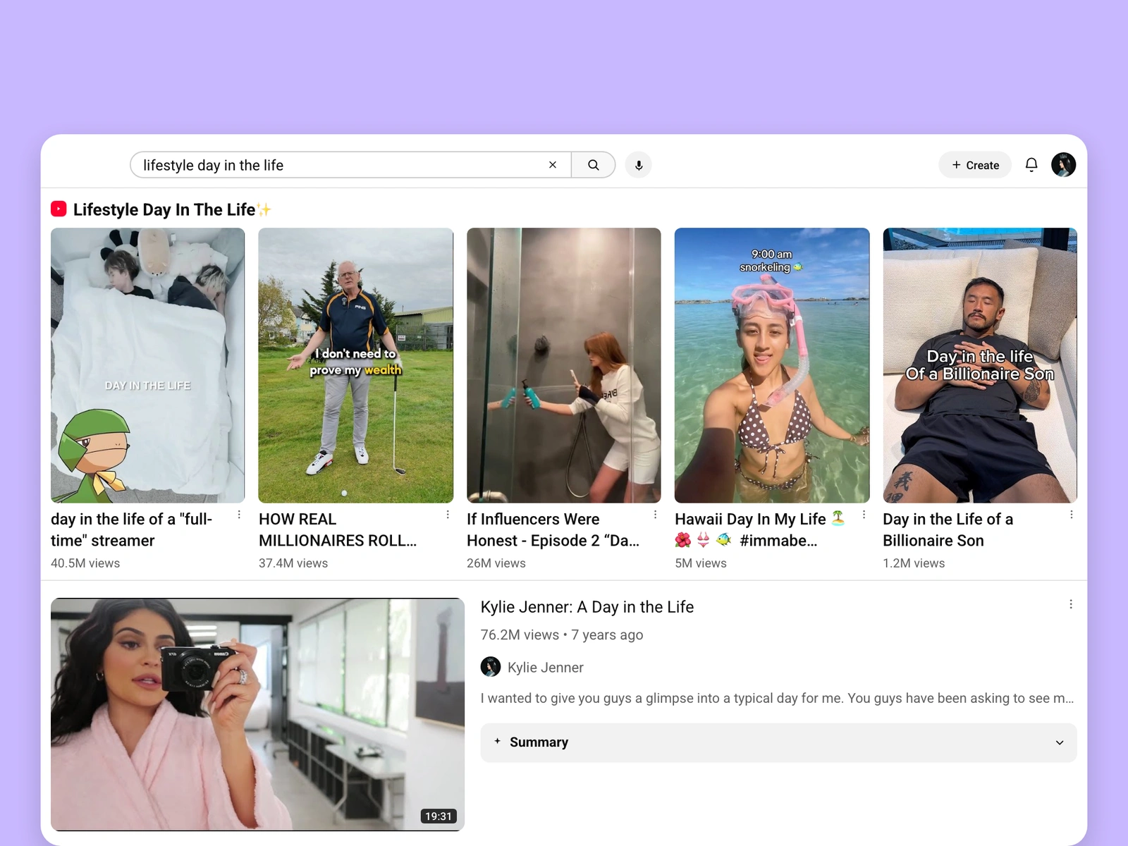 YouTube search results for lifestyle videos