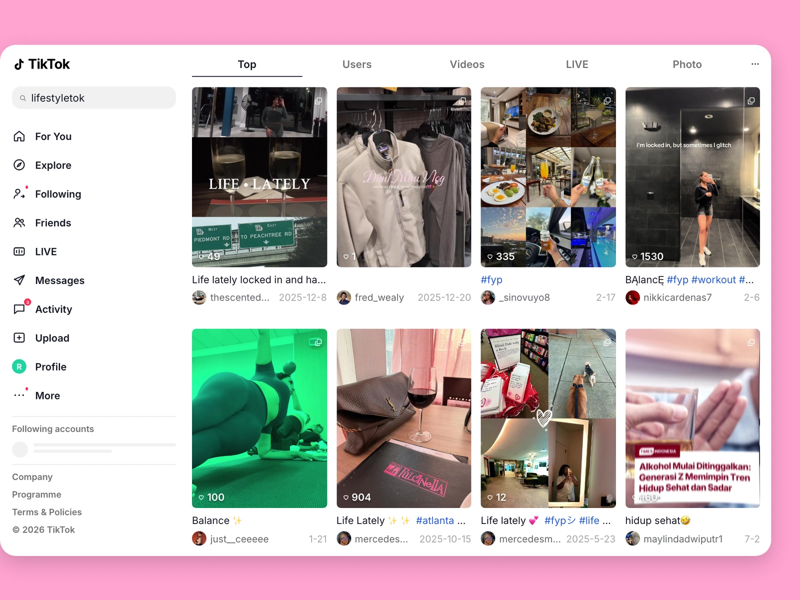 TikTok search results for lifestyle content