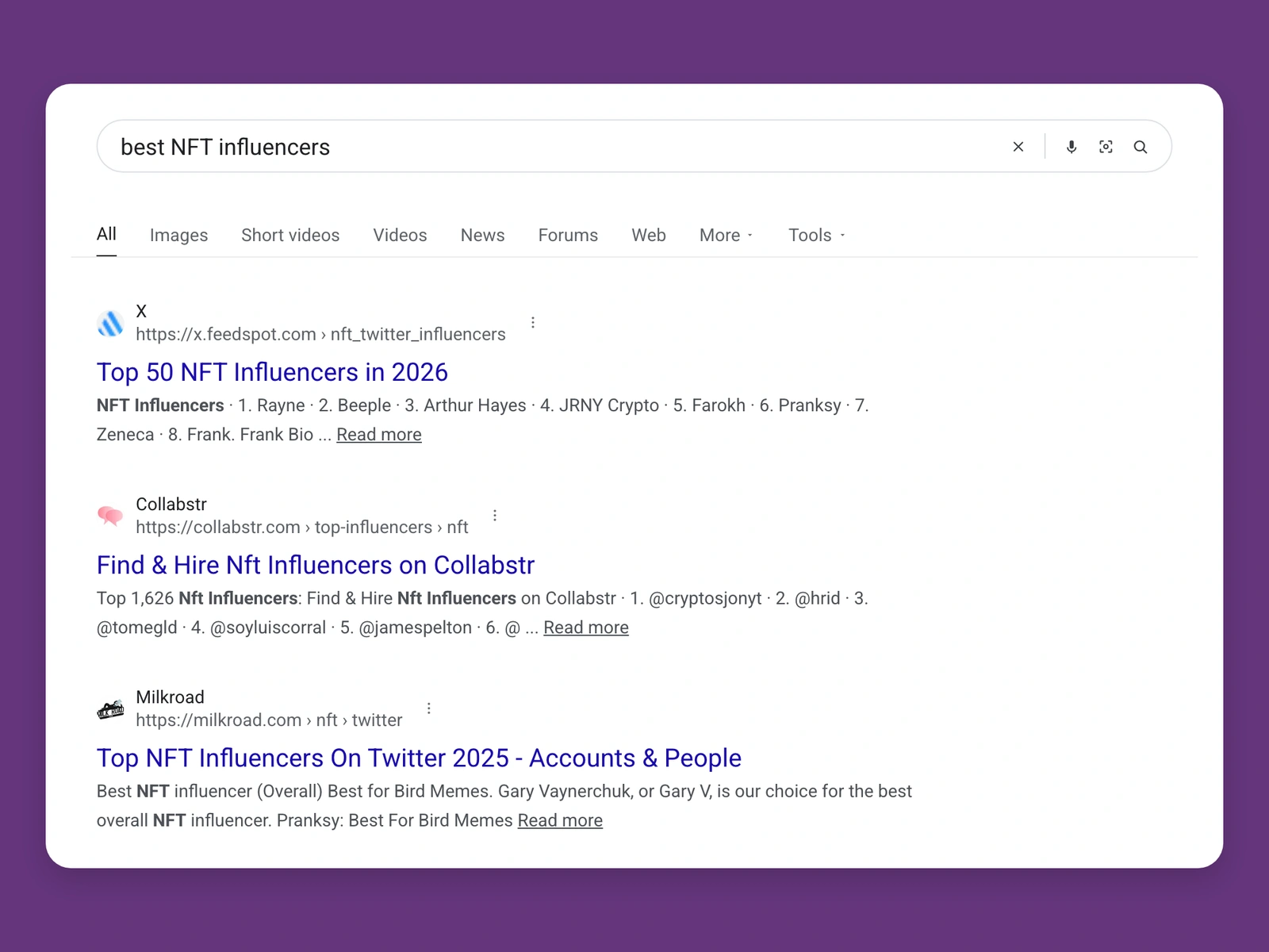 Google results for best nft bloggers