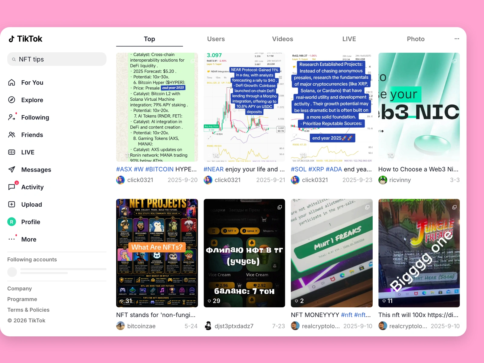TikTok search results for nft content
