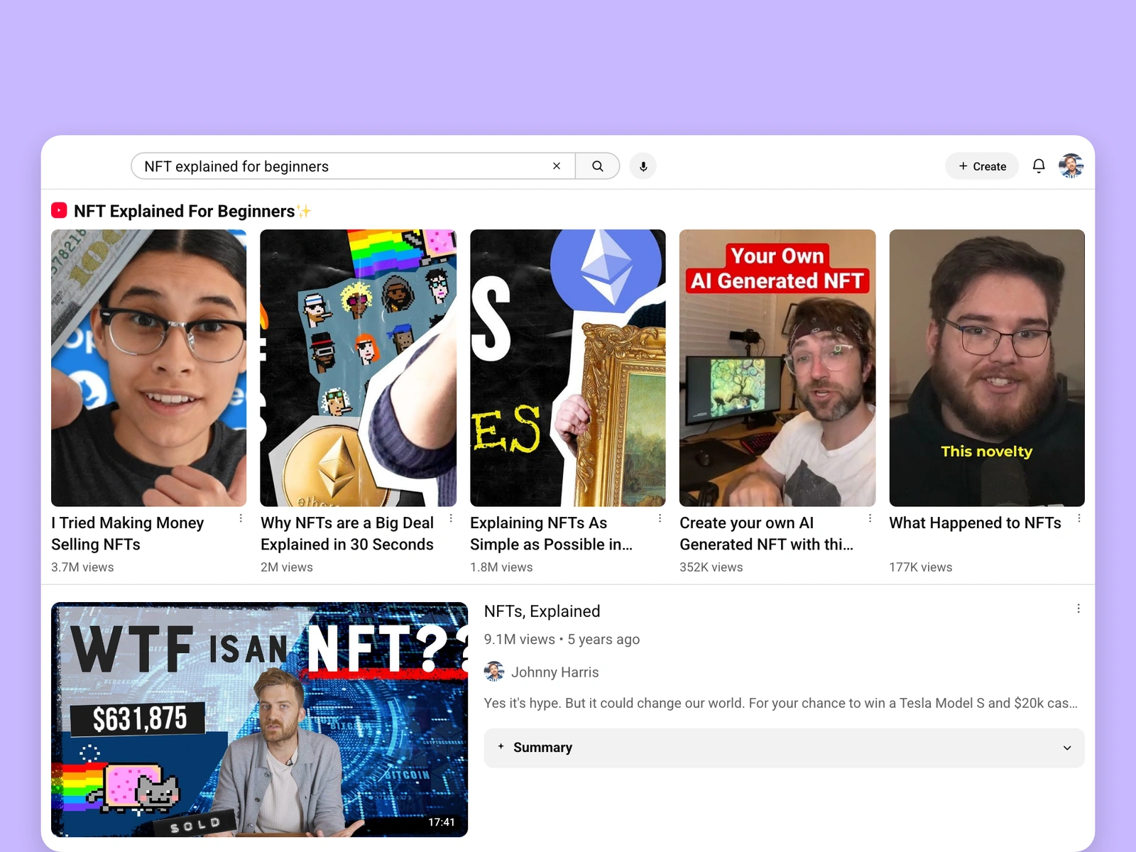 YouTube search results for nft videos