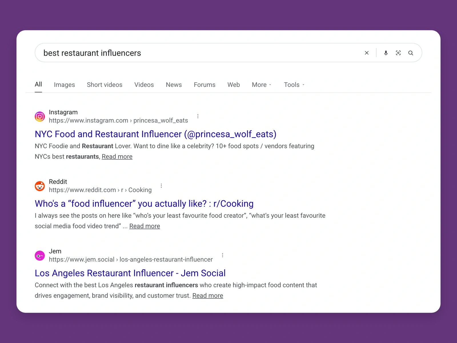 Google results for best restaurant bloggers
