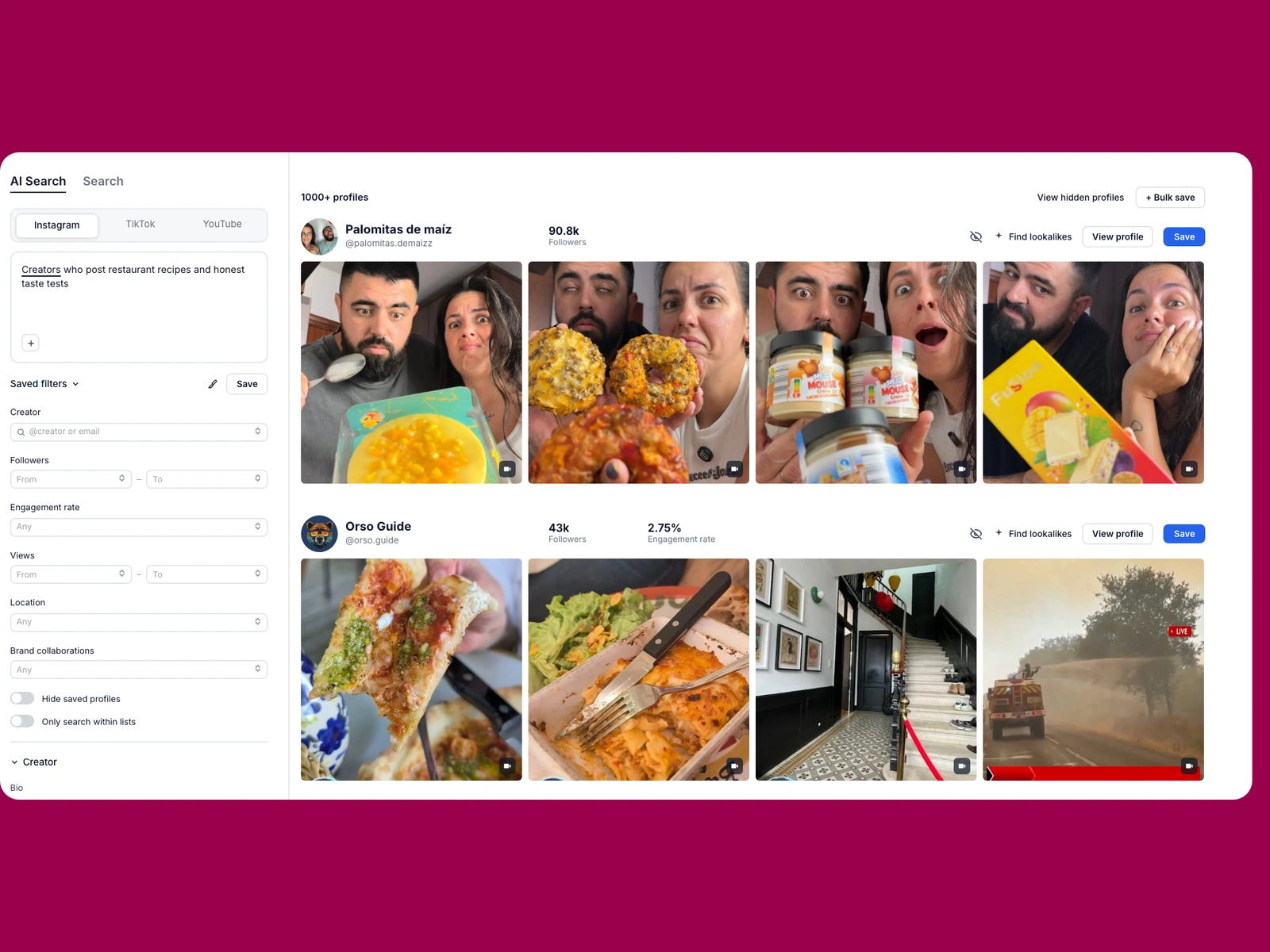 Modash AI search for restaurant creators
