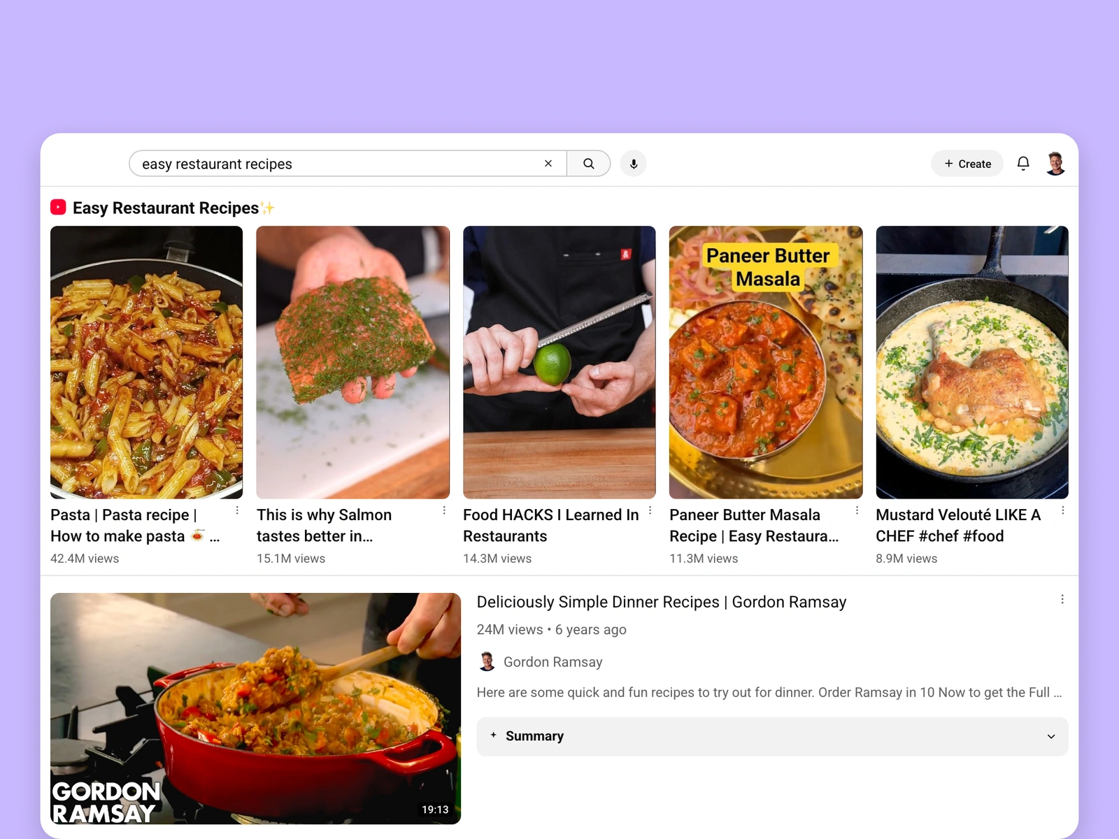 YouTube search results for restaurant videos