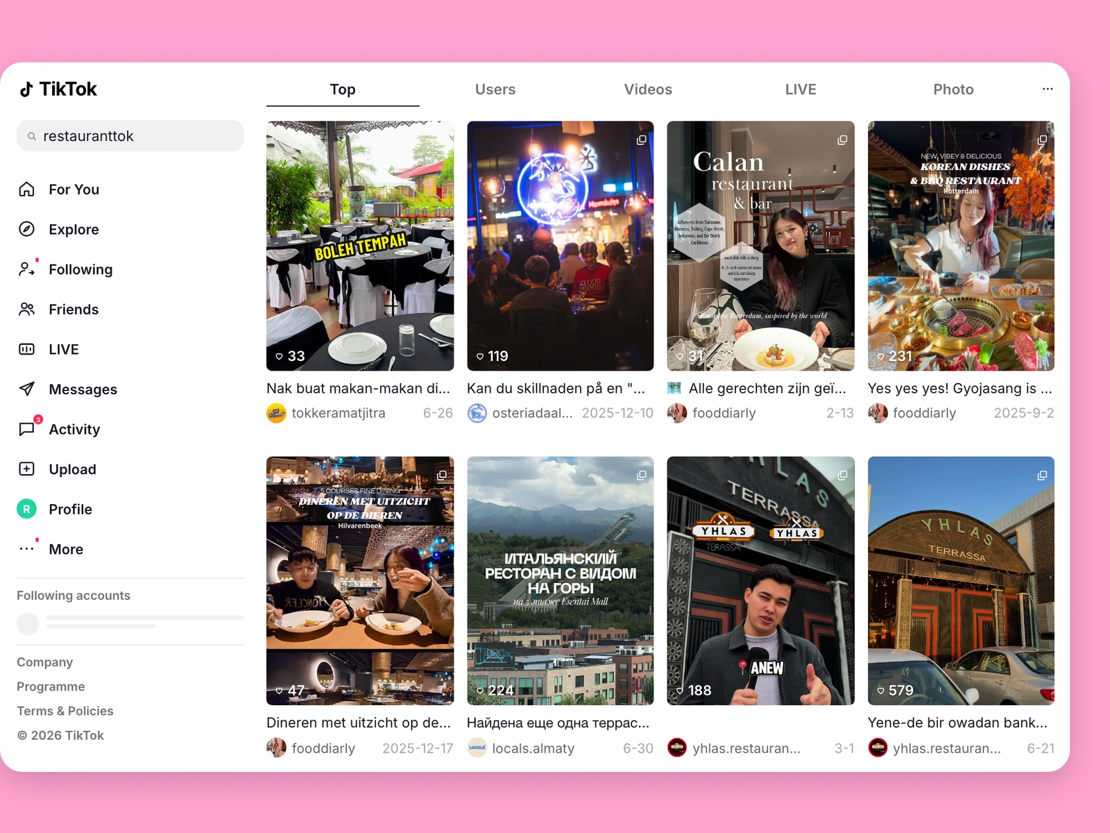 TikTok search results for restaurant content