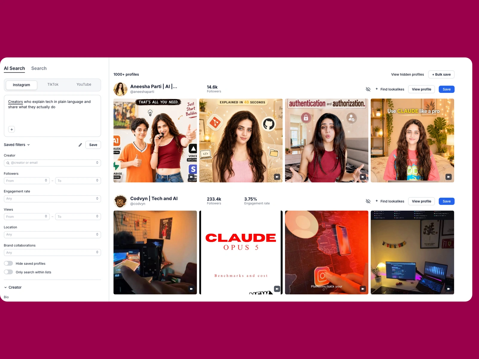 Modash AI search for tech creators
