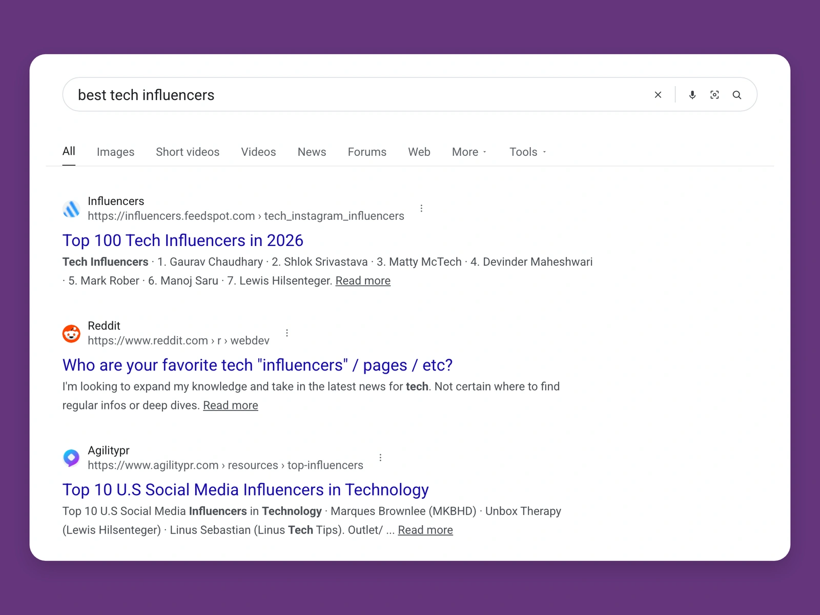 Google results for best tech bloggers