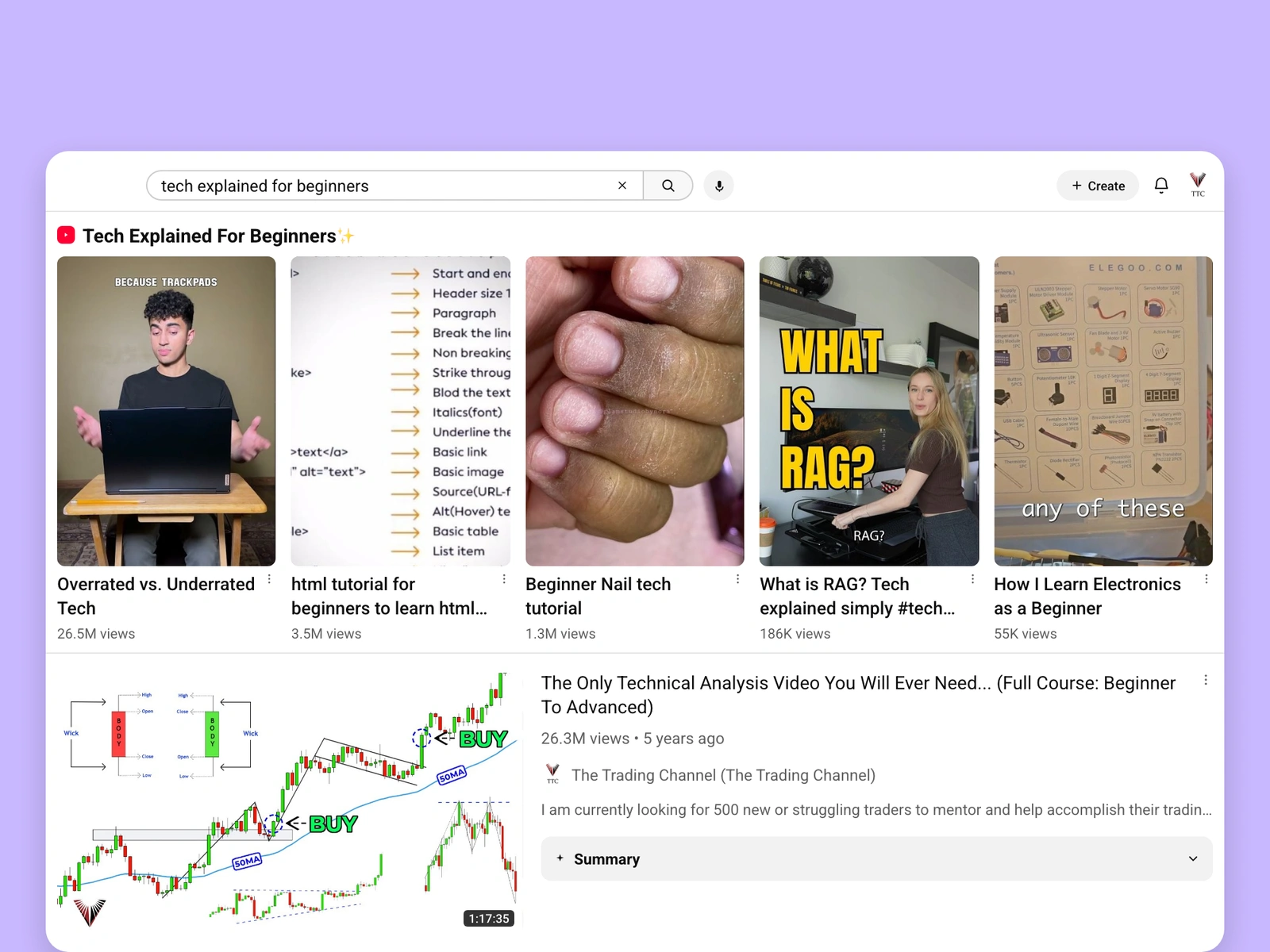YouTube search results for tech videos