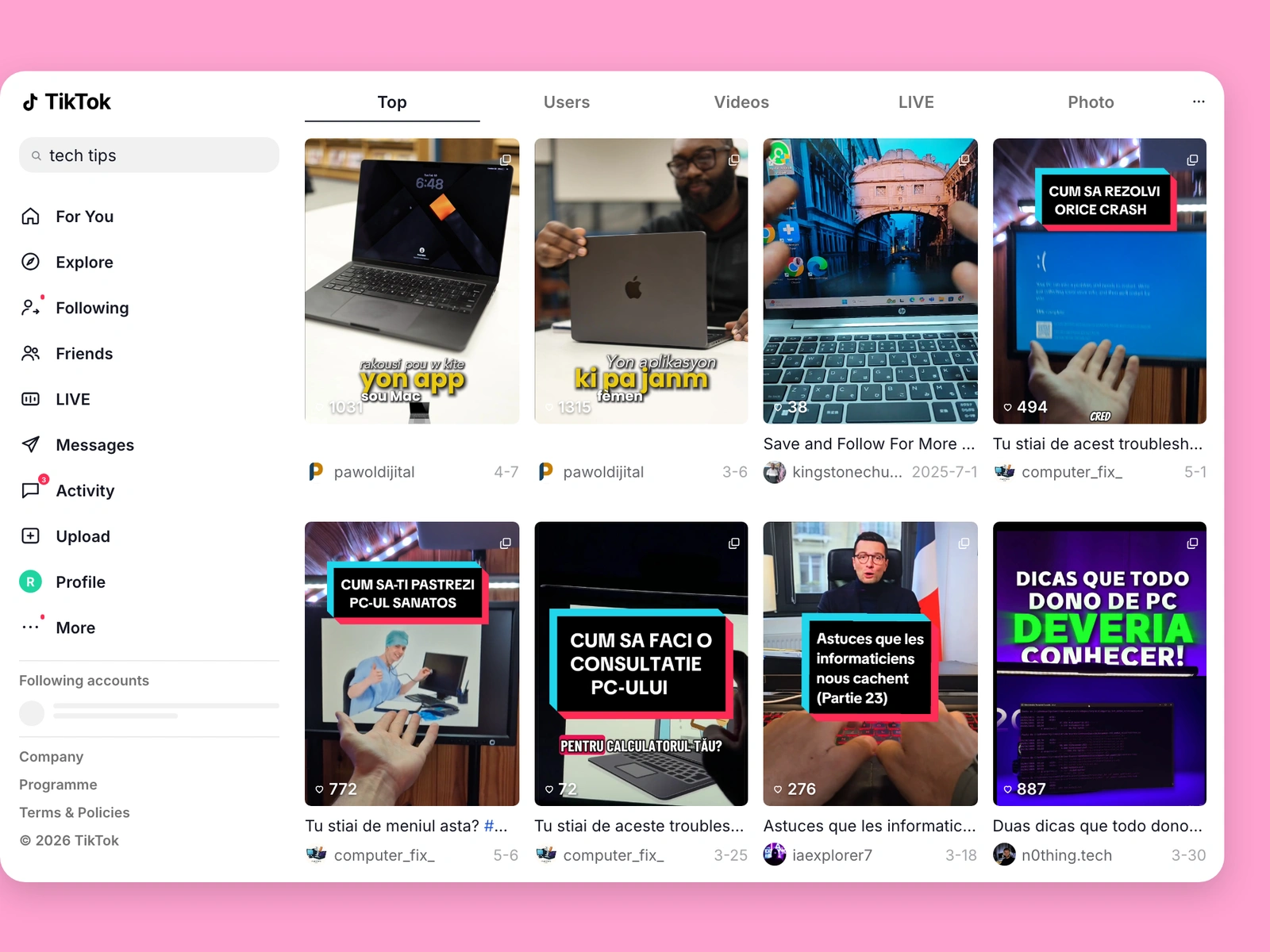 TikTok search results for tech content