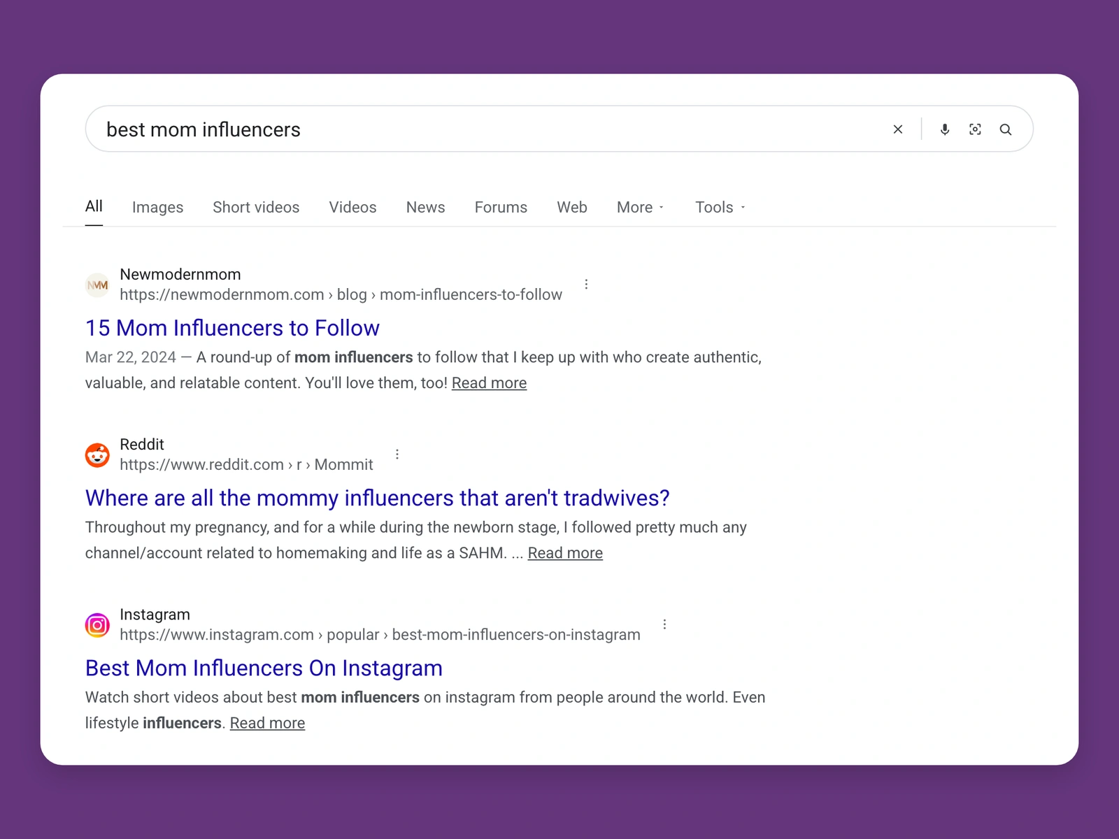 Google results for best mom bloggers