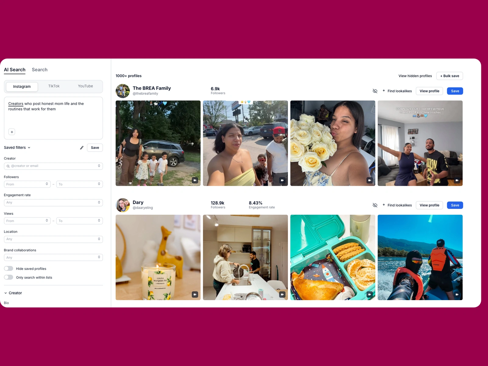 Modash AI search for mom creators