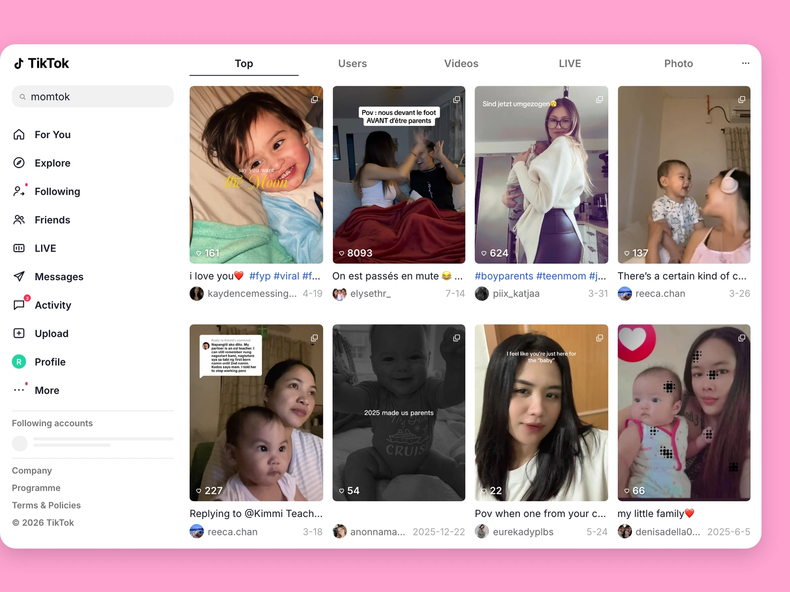 TikTok search results for mom content