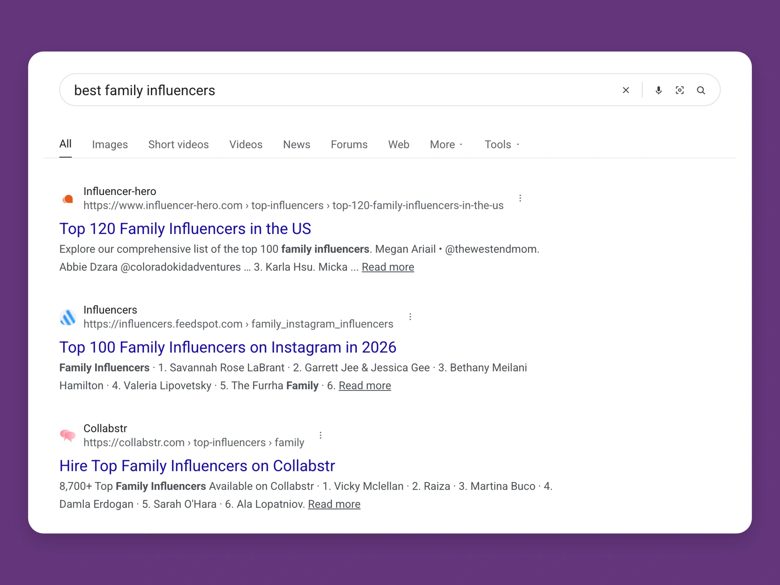 Google results for best family bloggers