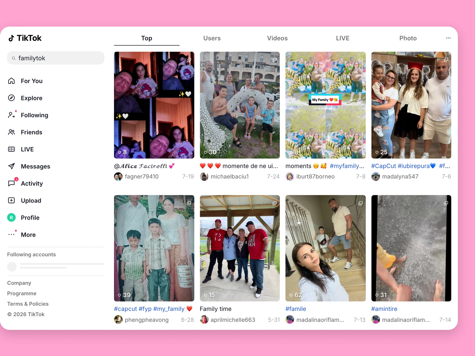 TikTok search results for family content