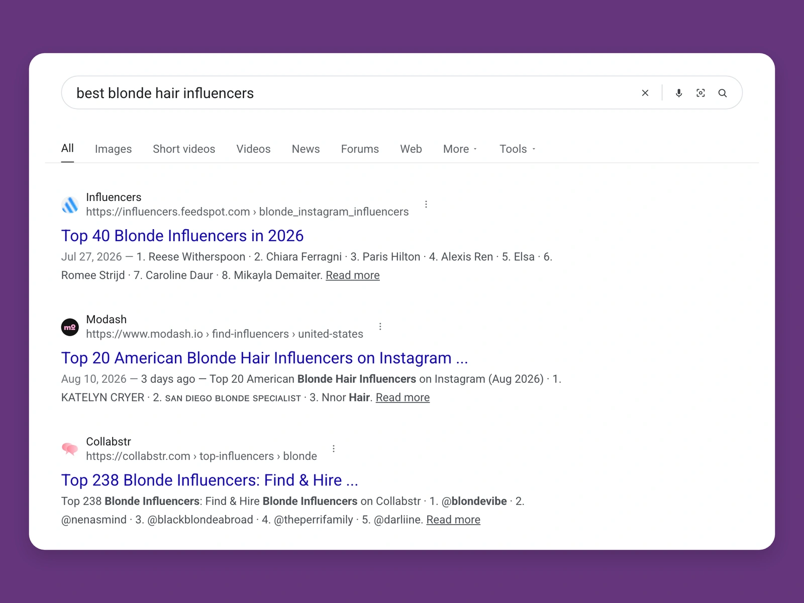Google results for best blonde hair bloggers