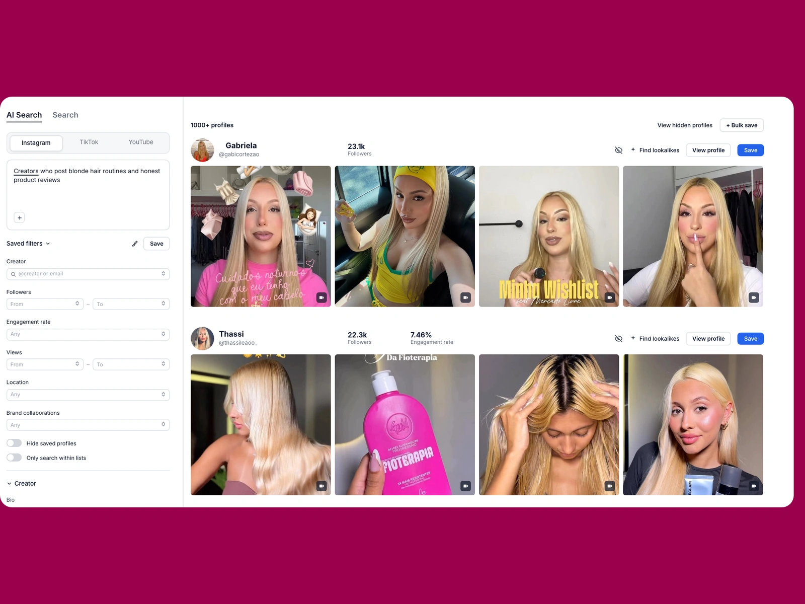 Modash AI search for blonde hair creators
